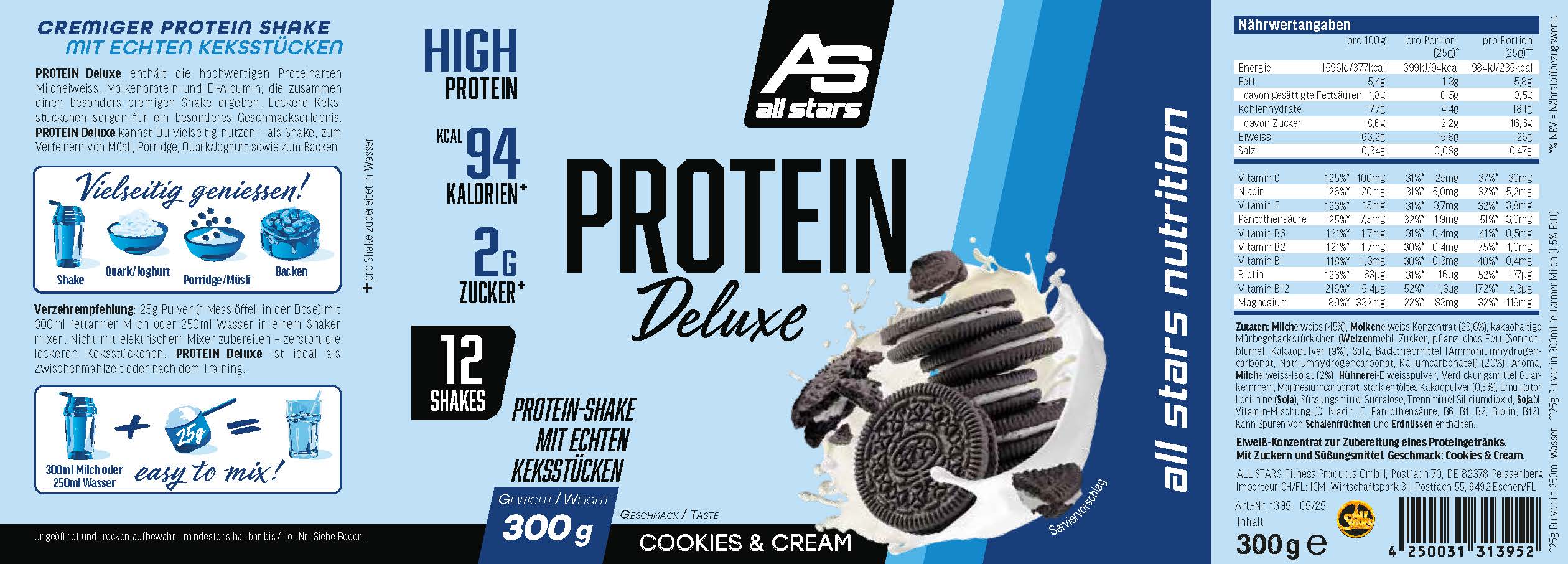 Etikett: PROTEIN DELUXE_CookiesCream_300g_05_25_Ansicht